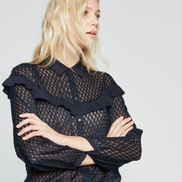 Black Ruffled Long Sleeve Button Down Shirt - Picture 1 of 4
